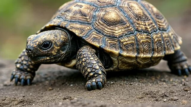 Detailed shot of a tortoise with an intricate shell pattern