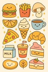Cute Food Illustrations, Delightful Food Pattern with Smiling Faces for a Fun and Whimsical Touch