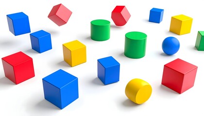 Obraz premium Colorful 3D Geometric Shapes on White Background, Minimalist Composition