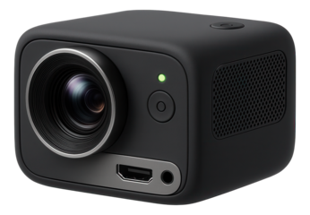 Mini projector with rubberized casing, HDMI output, and side-facing speaker grille