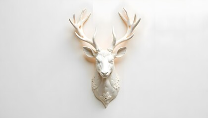 White sculpture of deer featuring leaves and flowers high resolution picture