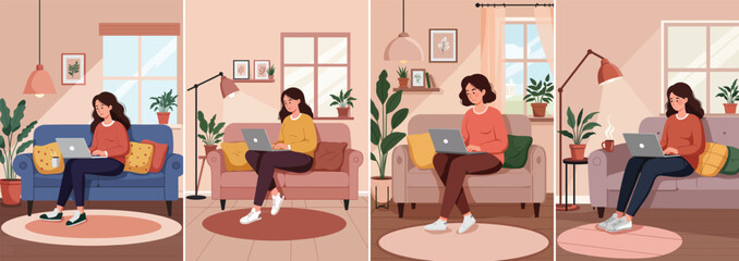 Women Working on Laptop from Home Vector Set – Cozy Interior Scene