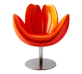 A red flower shaped chair with a silver base