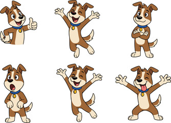 Cute cartoon dog character in various poses, happy puppy mascot, animated pet illustration, fun animal expression, kids cartoon artwork