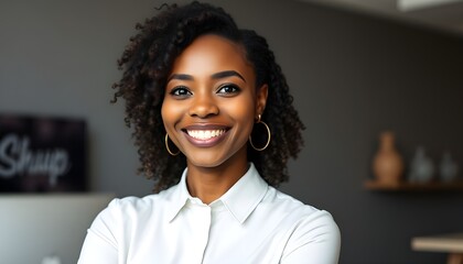 Portrait of a smiling african american woman with curly hair wearing a white collared shirt
