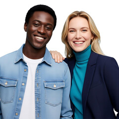 Smiling woman with her hand on the shoulder of a happy man who is wearing a denim shirt