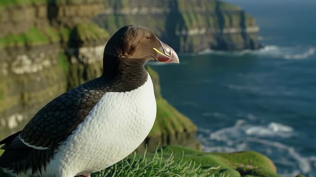Great auk nesting along a rugged coastal cliff near the sea at dusk showcasing its distinctive features