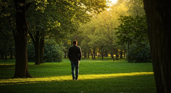 Man walking alone in a green park during golden hour  