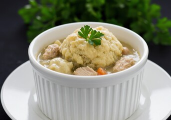Hearty chicken and dumplings in a white ramekin with parsley garnish