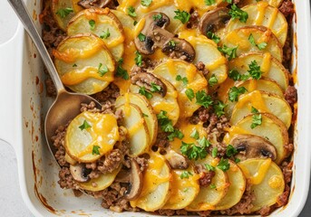 Hearty ground beef and potato casserole topped with melted cheese and parsley