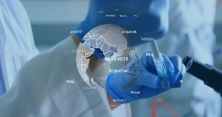 At second mark scientist depressing pipette drawing sample, rotating 3D globe displaying analysis - Powered by Adobe