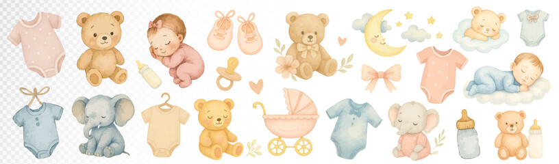 Watercolor baby elements set including teddy bears, rattles, onesies, bibs, shoes, pacifiers, and strollers in soft pastel colors. Perfect for baby shower designs. Vector illustration.