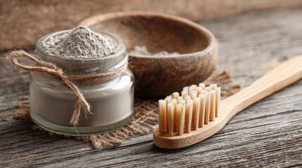 Fototapeta premium Close-up of tooth powder and brush arranged on wooden table