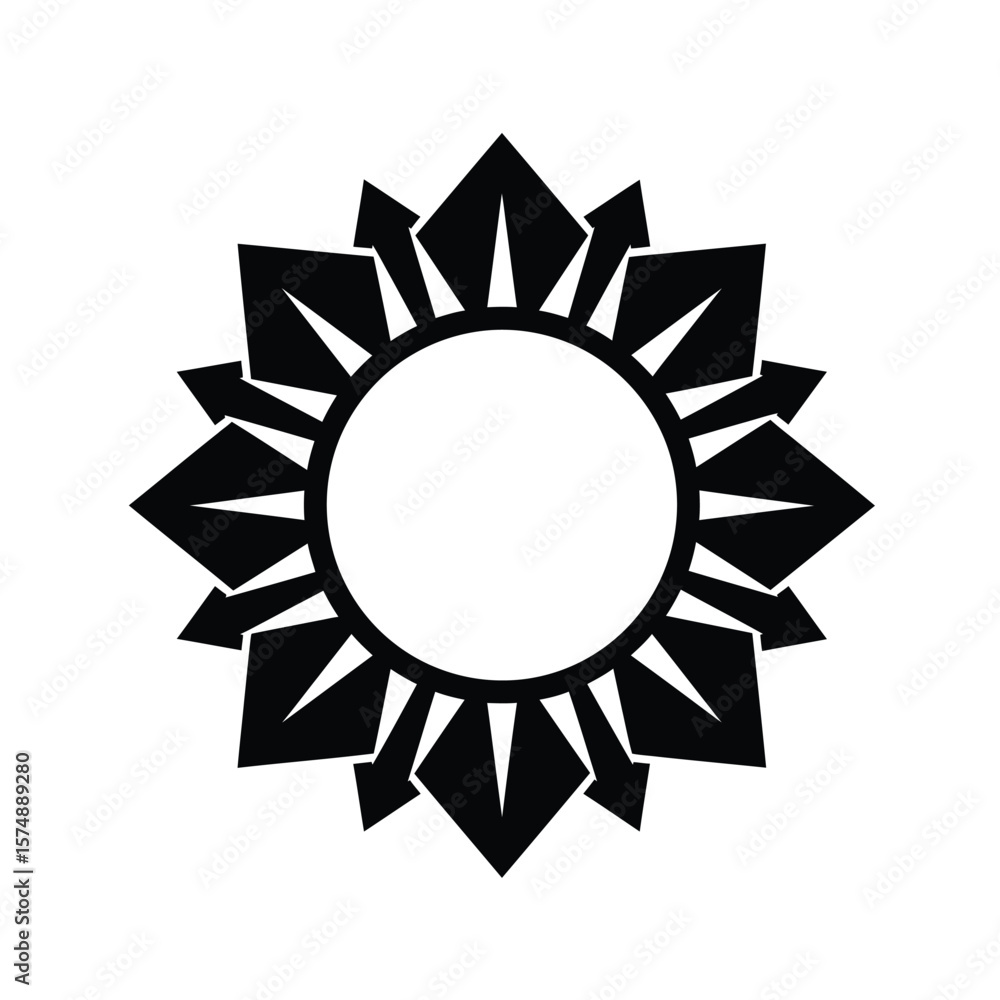 Poster black sun symbol with sharp rays in a circular pattern