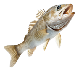 A fish is swimming in the air with its mouth open