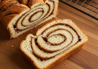 Delicious swirled cinnamon bread loaf with a slice on a wooden board
