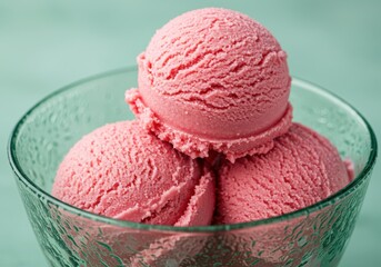 Three scoops of delicious pink strawberry ice cream in a clear glass bowl
