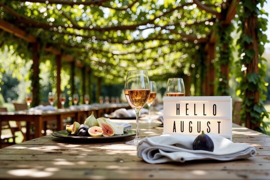 a table with wine glasses and plates on it