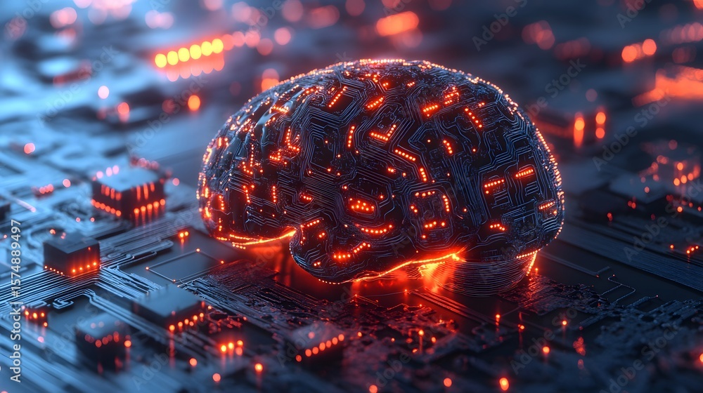 Aufkleber artificial intelligence brain: a glowing, futuristic brain rests on a circuit board, representing ar