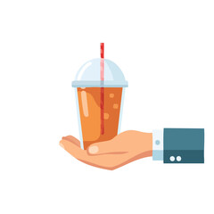 A hand holds a refreshing orange beverage in a clear plastic cup with a straw. It's a bright, eye-catching image that suggests refreshment and enjoyment.
