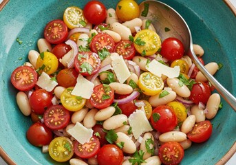 Colorful bean and tomato salad with parmesan and fresh herbs