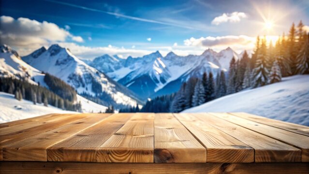 Polished Wooden Surface with Blurred Snowy Alpine Valley, Clear Winter Sky, Elegant Seasonal Backdrop