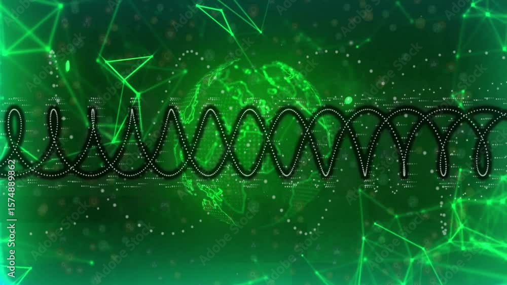 Poster on start dotted waveform pattern oscillating and propagating across globe nodes, showing data flow