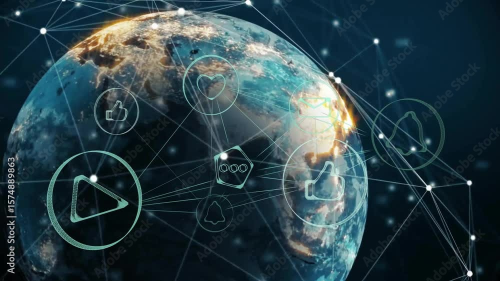 Poster Outer space initiating 3D globe rotating with network connecting social icons and metrics animating