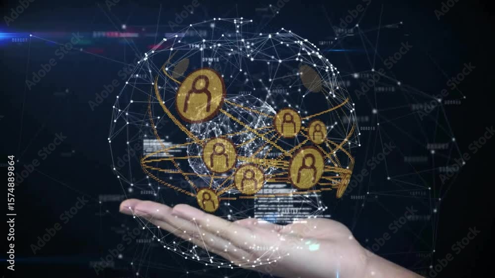 Poster floating golden nodes forming network hand lifting hologram while mesh expanding for demo