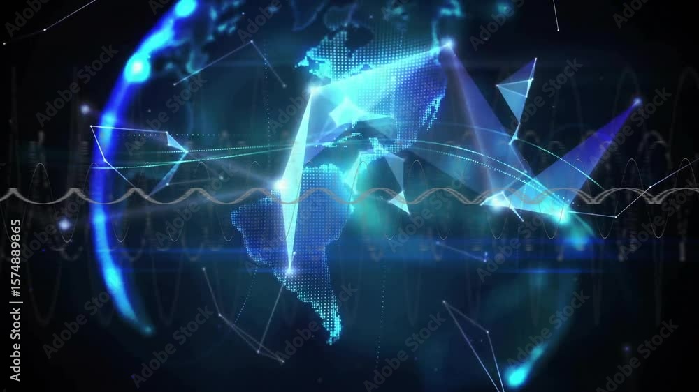 Poster glowing triangular nodes drifting and coalescing into rotating wireframe earth showing data flow