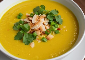 Vibrant yellow soup topped with fresh herbs and toasted coconut
