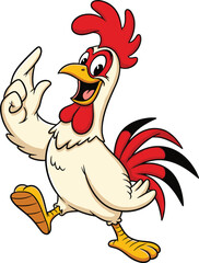 Funny cartoon rooster walking happily, farm animal illustration, red comb chicken clipart, happy hen mascot, animated poultry vector character