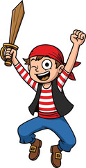 Happy cartoon pirate boy jumping with sword, fun pirate costume for kids, red bandana, striped shirt, adventure illustration, children character
