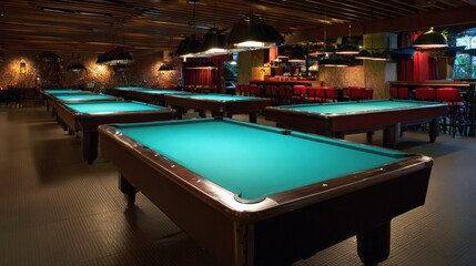 Empty pool tables arranged in club setting