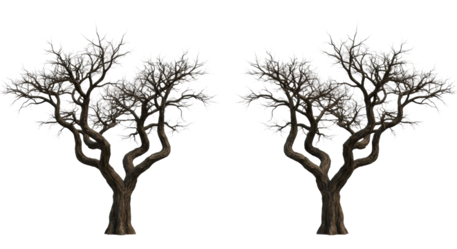 Two distinct mature leafless deciduous trees with gnarled dark brown textured trunks, intricately twisted branches, isolated on a transparent infinite background with studio light, 3/4 view, no