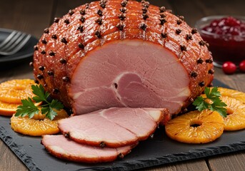 Delicious glazed ham studded with cloves served with pineapple and cranberry sauce
