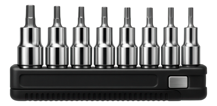Metric socket bit set for a mechanical engineering workshop.