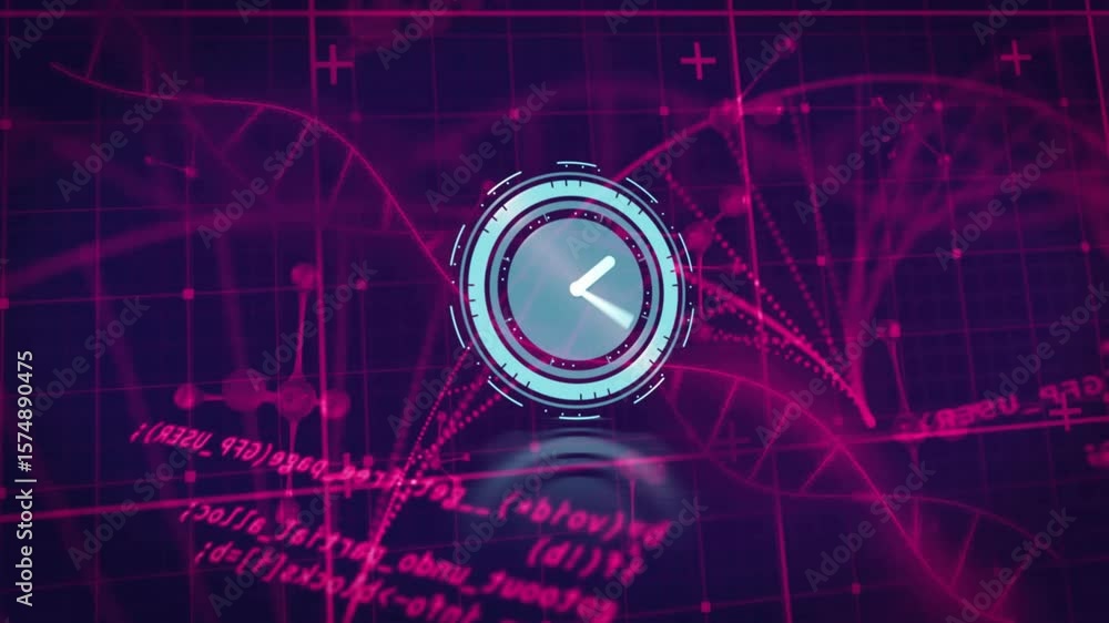 Poster clock appearing, rings rotating, hands advancing, code fragments pulsing representing data cycle