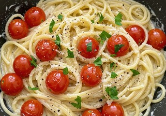 Delicious spaghetti with cherry tomatoes and creamy sauce
