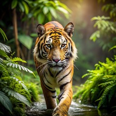 Fototapeta premium A tiger walks through a lush jungle stream
