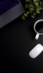 Dark office workspace with coffee
