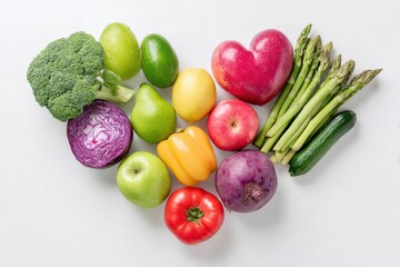 Colorful fruits and vegetables forming a heart shape promoting healthy eating habits