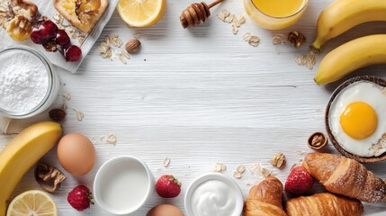 Flat lay of breakfast foods forming a frame on white tabletop with room for text