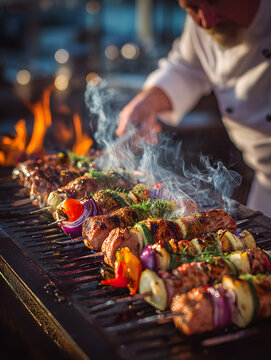 Naklejki A chef skillfully grilling skewers with marinated meat and vibrant vegetables, showcasing the art of barbecue cooking and the appeal of delicious food preparation.
