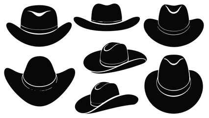 Collection of Cowboy Hats Black Silhouette Illustrations, Western Hat Designs, Vector Graphics for Branding and Design Projects