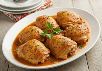 Juicy pan seared chicken thighs in savory brown sauce garnished with parsley