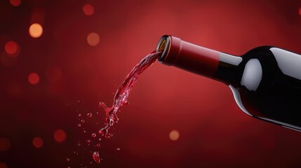 Red wine pouring from a bottle against a blurred red background