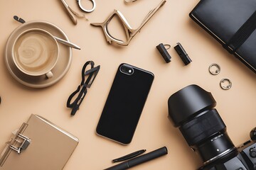 Modern workspace with coffee and gadgets