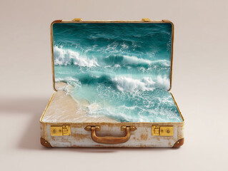 Suitcase with ocean waves inside when opened