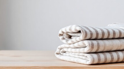 Folded kitchen cloth placed on a pale table with white background